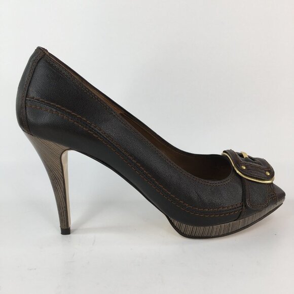 Zara Brown Leather Peep Toe Front Buckle Heels Size 41 - Picture 9 of 16